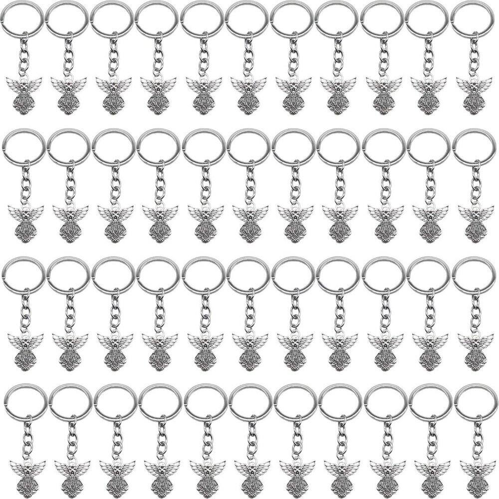 50pcs 3.14in Guardian Angel Pendant Key Rings - Silver Tone Angel Charm Key Ring